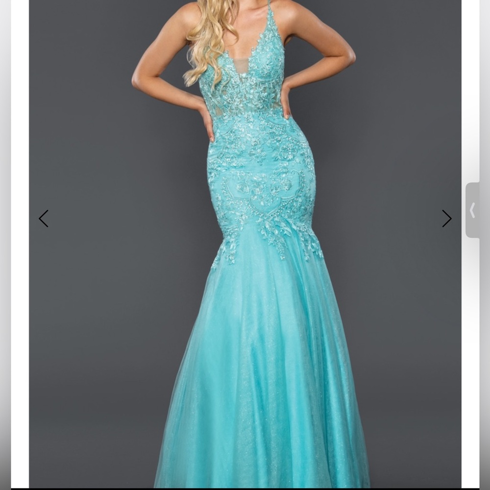 Stella Couture 22057 Size 6 Teal Blue Mermaid Sleeveless V Neck Long Dress NWT